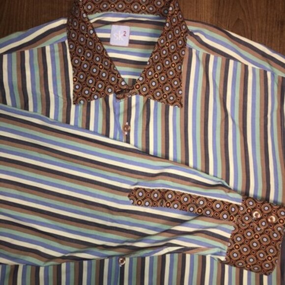 SK2 Men’s Colorful Striped Button Up Shirt Size 4 Cotton Blue Green Large - Picture 1 of 11